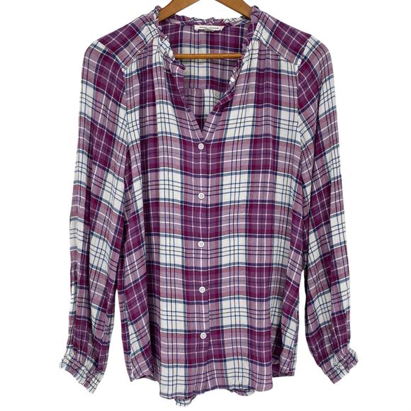 beachlunchlounge Tops - BEACHLUNCHLOUNGE 100% Rayon Button Down Tunic Blouse Plaid Purple Size Small